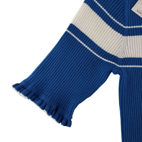 Magaschoni Blue White Stretchy Rib Knit Top Med Ruffle Edge Neck & Sleeves NWT - Picture 3 of 8